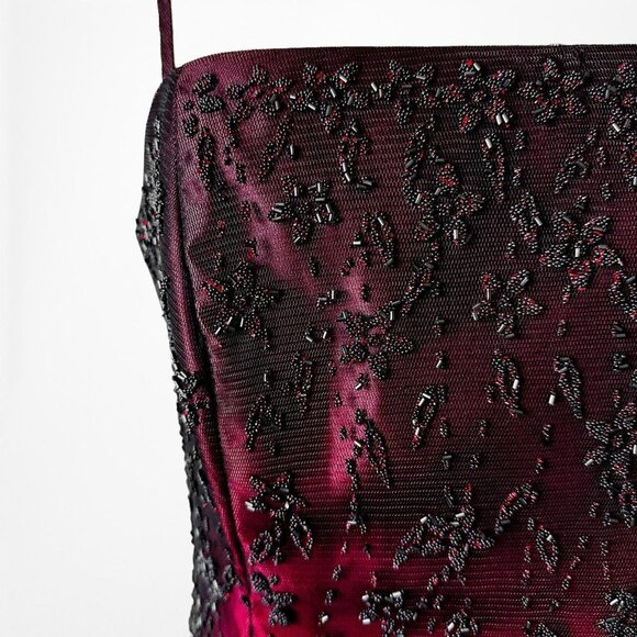Vintage Burgundy Red Floral Beaded Ombre Mesh Satin Fit Flared Maxi Prom Dress L - Picture 7 of 7